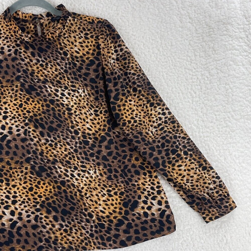 Ann Taylor Factory Brown Animal Print Shirt Womens Long Sleeve High Neck Size MP - Picture 4 of 15